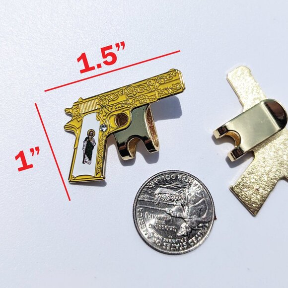 Pin Gun with St Jude Pin For Caps Clothing Enamel Badge San Judas firearm pin  X - Picture 4 of 4
